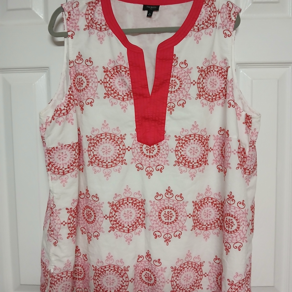 Talbots Plus 2X Sleeveless Embroidered Split Neck Tunic Blouse Red White